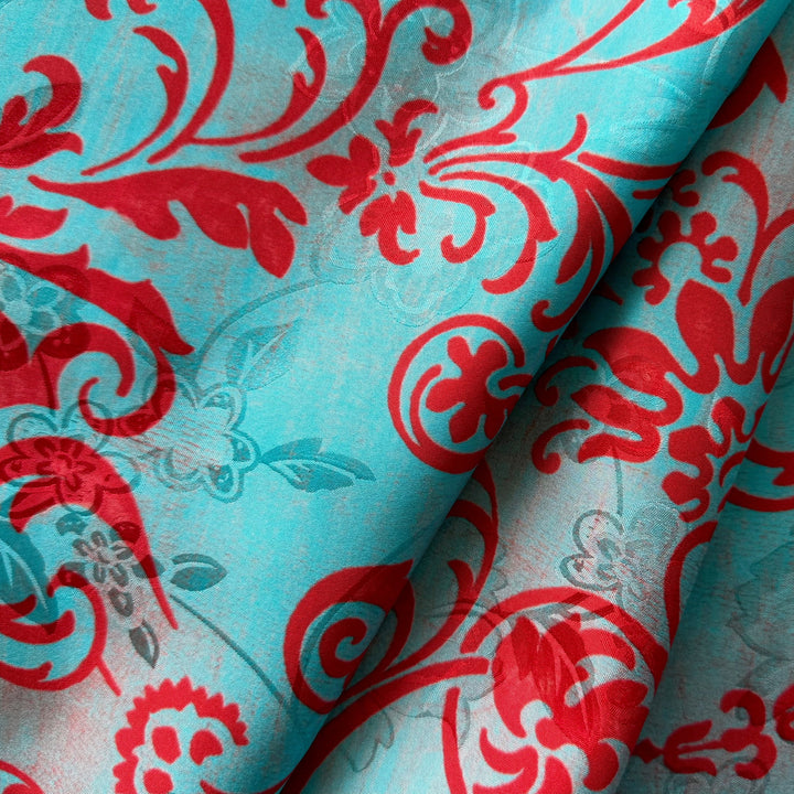 Crimson Scrolls on Persian Turquoise Silk Satin Charmeuse Jacquard (Made in Italy)