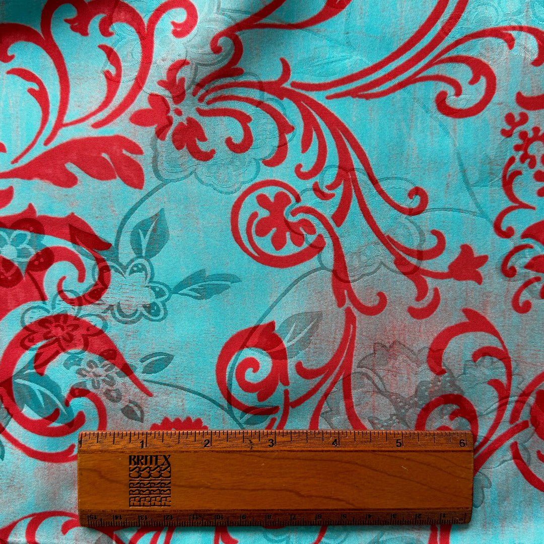 Crimson Scrolls on Persian Turquoise Silk Satin Charmeuse Jacquard (Made in Italy)