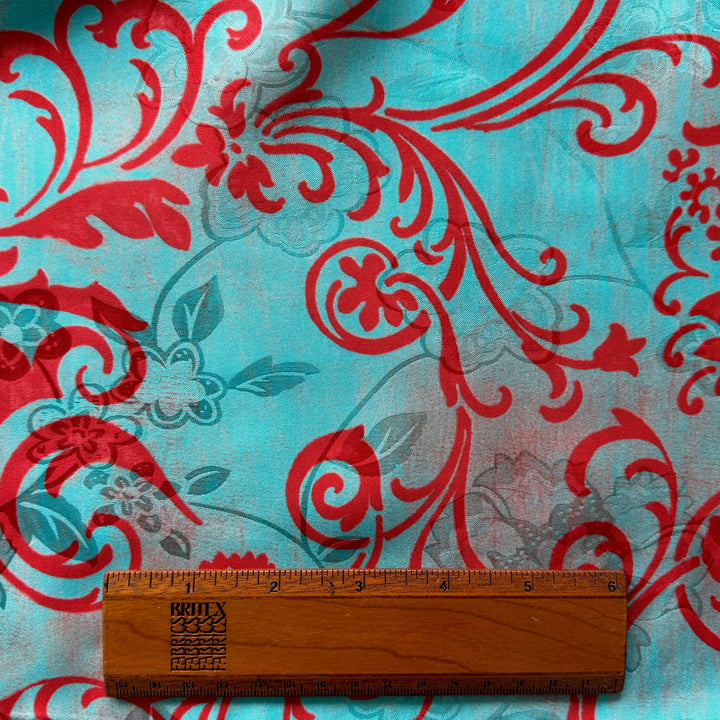 Crimson Scrolls on Persian Turquoise Silk Satin Charmeuse Jacquard (Made in Italy)