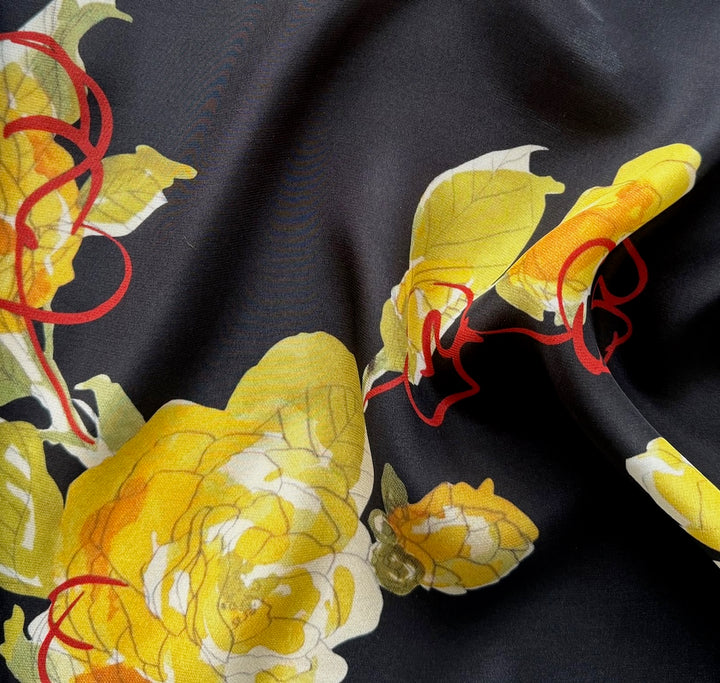 Golden Peonies on Black Matte Silk Satin Charmeuse (Made in Italy)