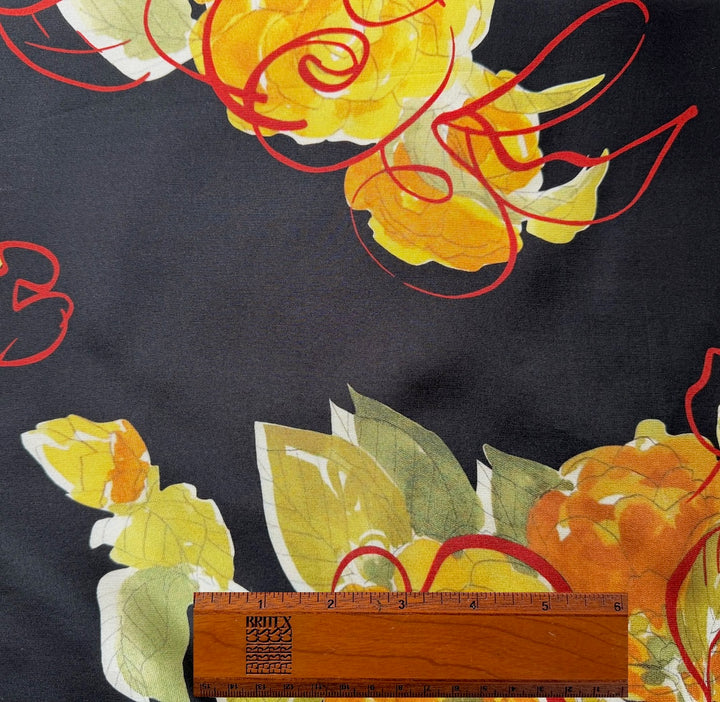 Golden Peonies on Black Matte Silk Satin Charmeuse (Made in Italy)