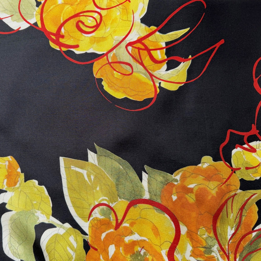 Golden Peonies on Black Matte Silk Satin Charmeuse (Made in Italy)