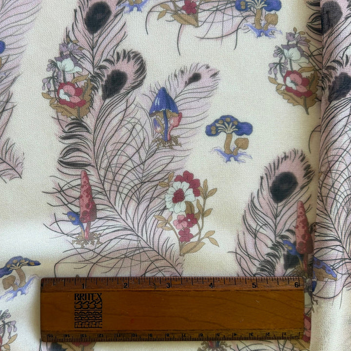 Sheer Peacock Feathers & Toadstools Polyester Chiffon (Made in Italy)