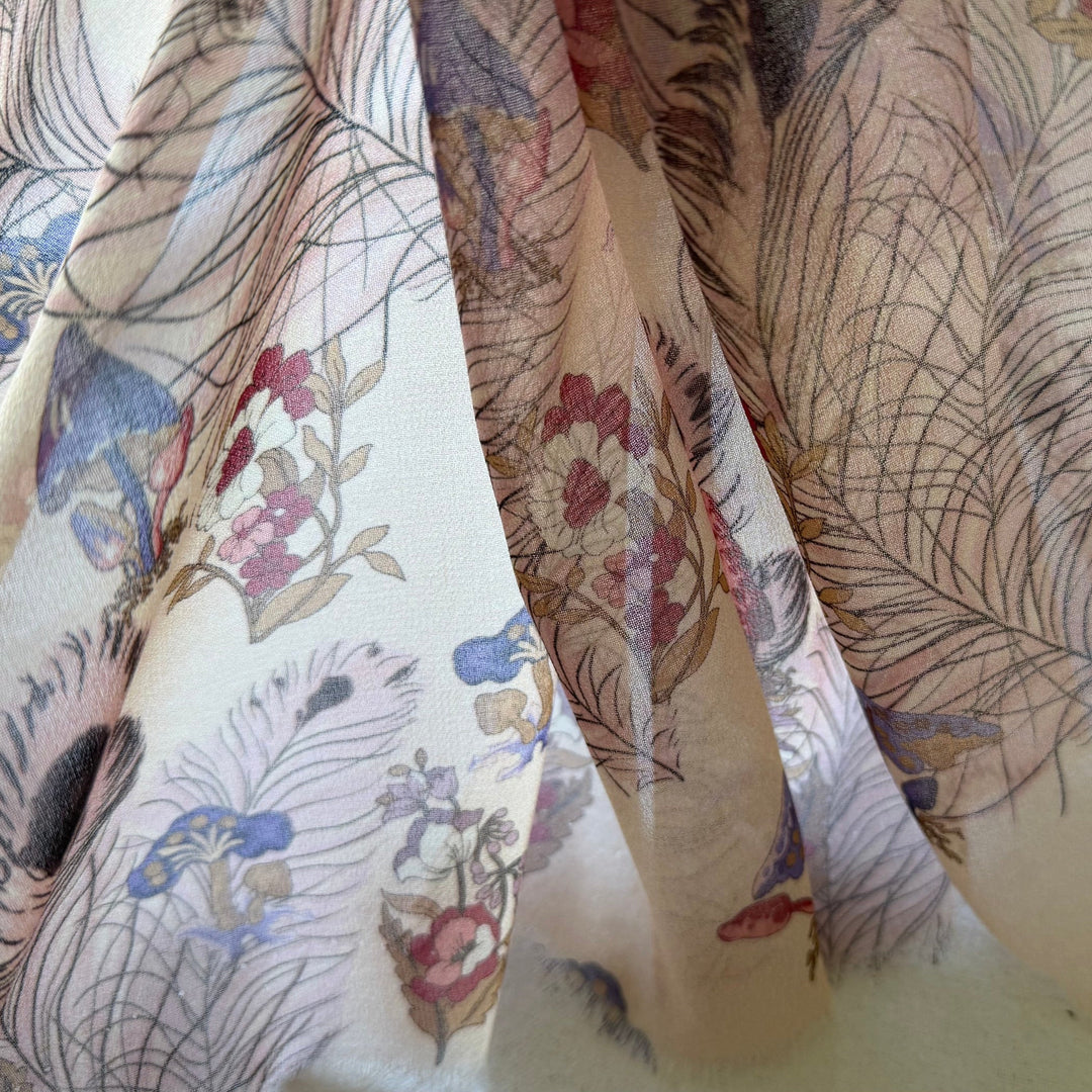 Sheer Peacock Feathers & Toadstools Polyester Chiffon (Made in Italy)