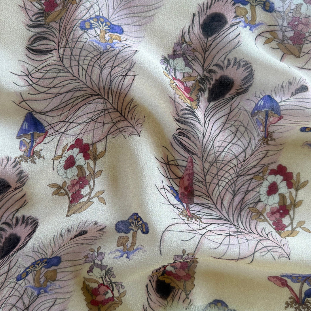 Sheer Peacock Feathers & Toadstools Polyester Chiffon (Made in Italy)