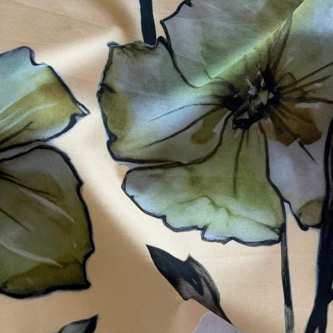 Dramatic Large-Scale Soft Olive Cosmos Cotton Sateen (Made in Italy)