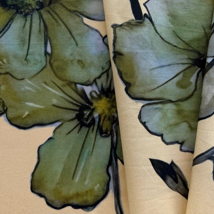Dramatic Large-Scale Soft Olive Cosmos Cotton Sateen (Made in Italy)