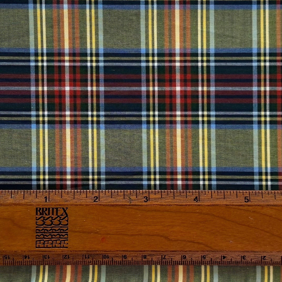 Tightly Woven Olive & Red Green Plaid Cotton Shirting (Made in Italy)