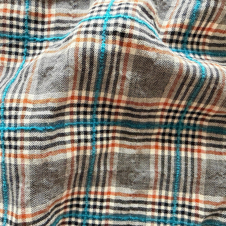 Tangerine & Turquoise Plaid Embroidered Cotton & Linen Shirting (Made in Italy)
