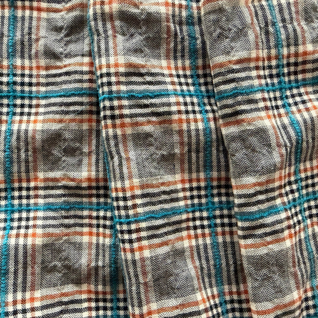 Tangerine & Turquoise Plaid Embroidered Cotton & Linen Shirting (Made in Italy)