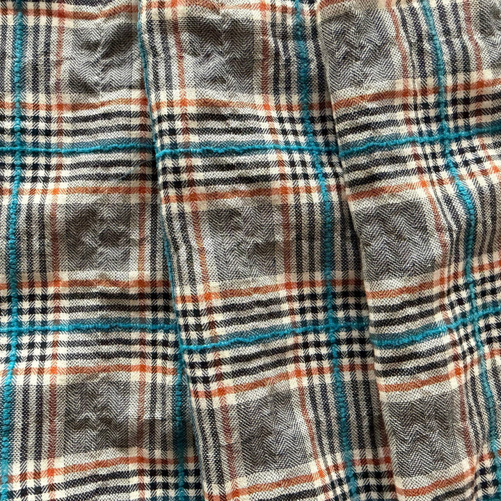 Tangerine & Turquoise Plaid Embroidered Cotton & Linen Shirting (Made in Italy)