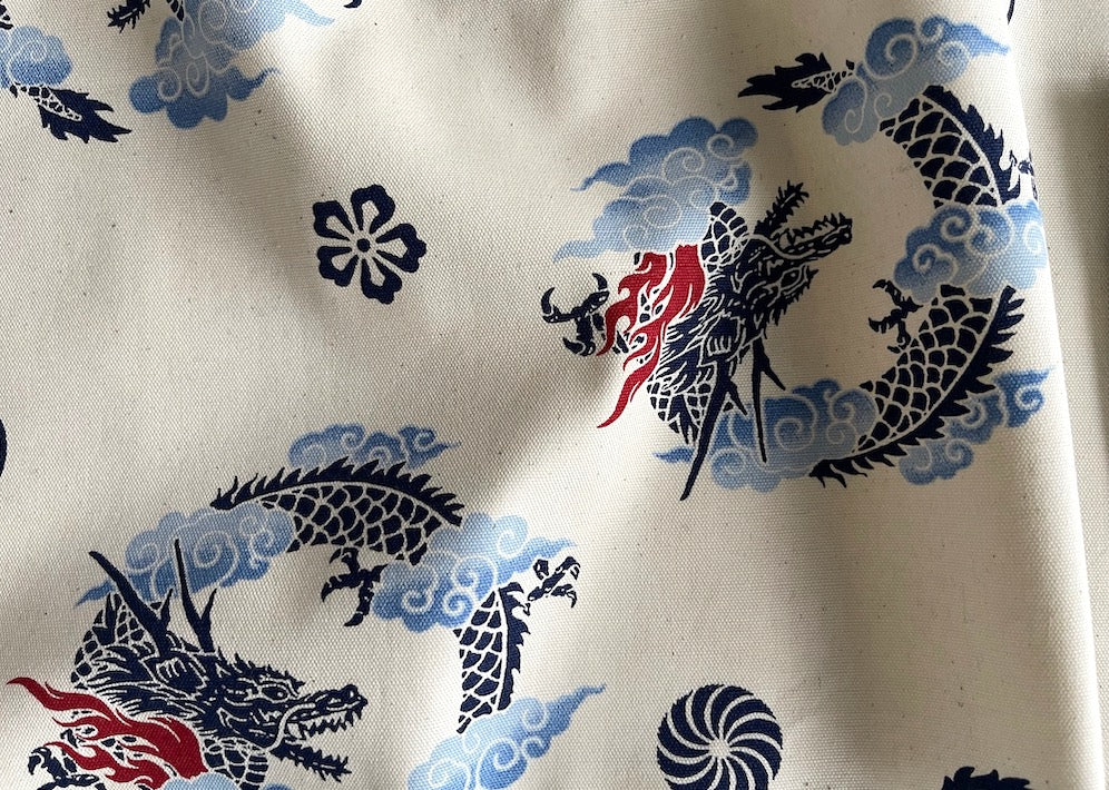 Navy Dragons in Clouds on Light-Weight Natural Cotton Canvas (Made in Japan)