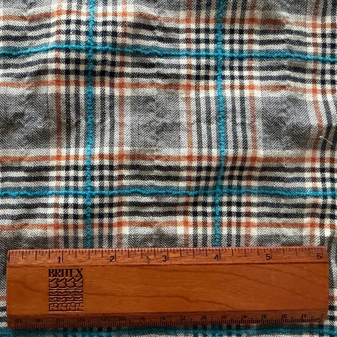 Tangerine & Turquoise Plaid Embroidered Cotton & Linen Shirting (Made in Italy)