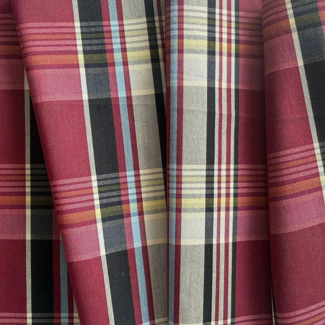 Burgundy Mock Madras Plaid Stretch Cotton Poplin Shirting (Made in Italy)