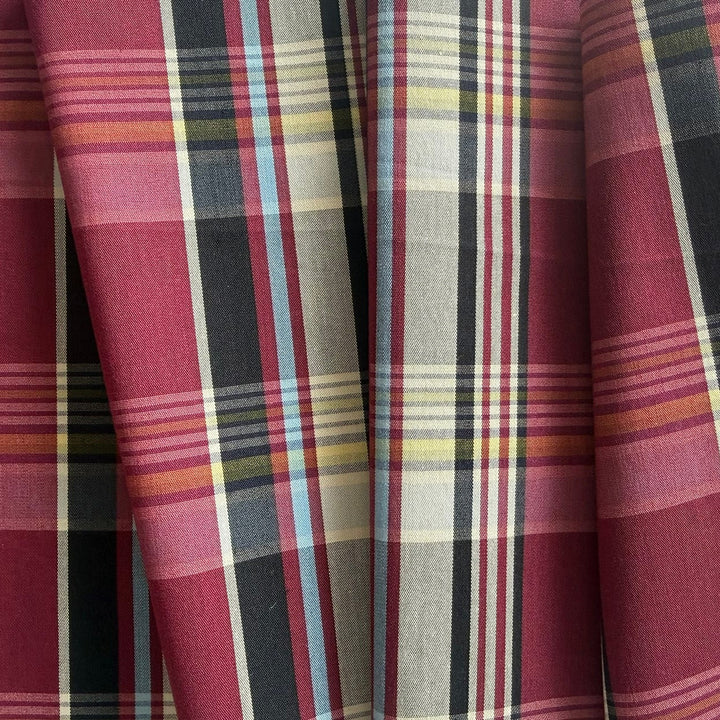 Burgundy Mock Madras Plaid Stretch Cotton Poplin Shirting (Made in Italy)