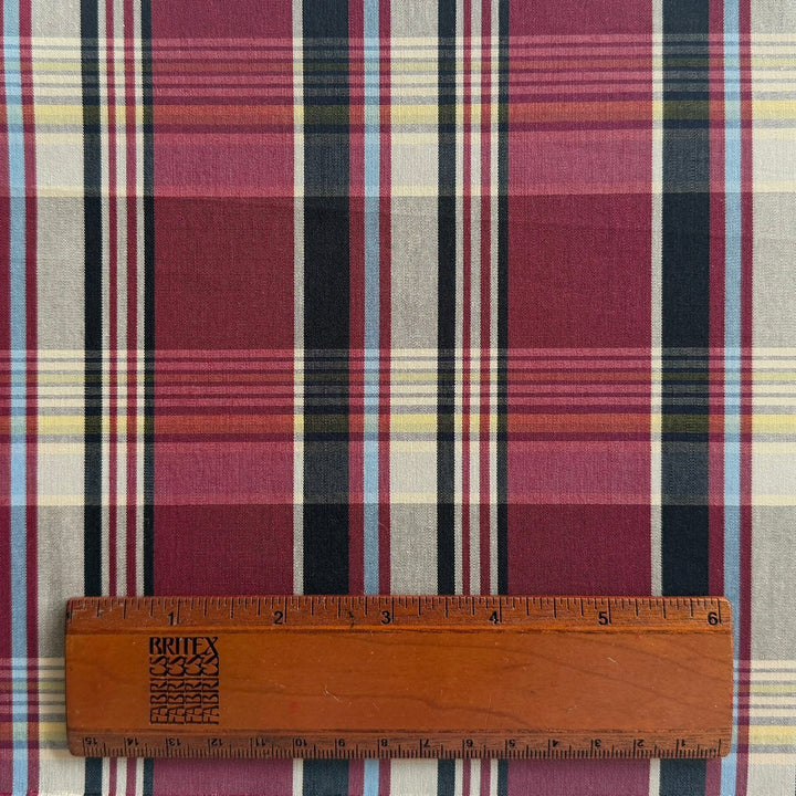 Burgundy Mock Madras Plaid Stretch Cotton Poplin Shirting (Made in Italy)