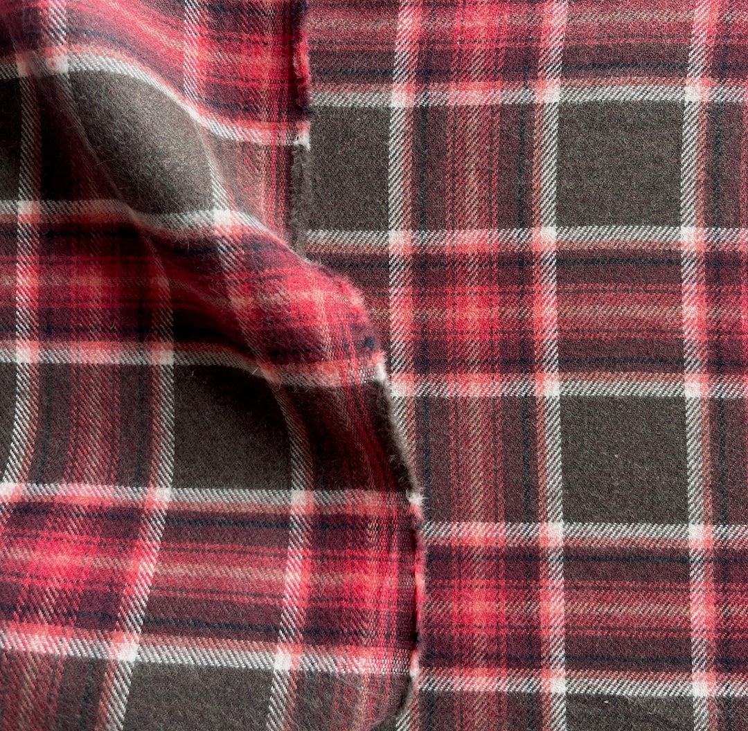 Coral & Burnt Umber Plaid Cotton Flannel Shirting (Made in Italy)