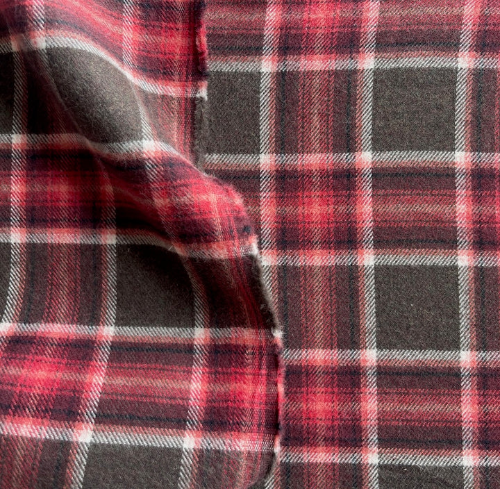 Coral & Burnt Umber Plaid Cotton Flannel Shirting (Made in Italy)