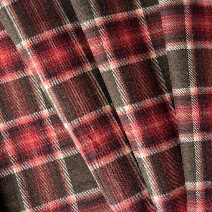 Coral & Burnt Umber Plaid Cotton Flannel Shirting (Made in Italy)