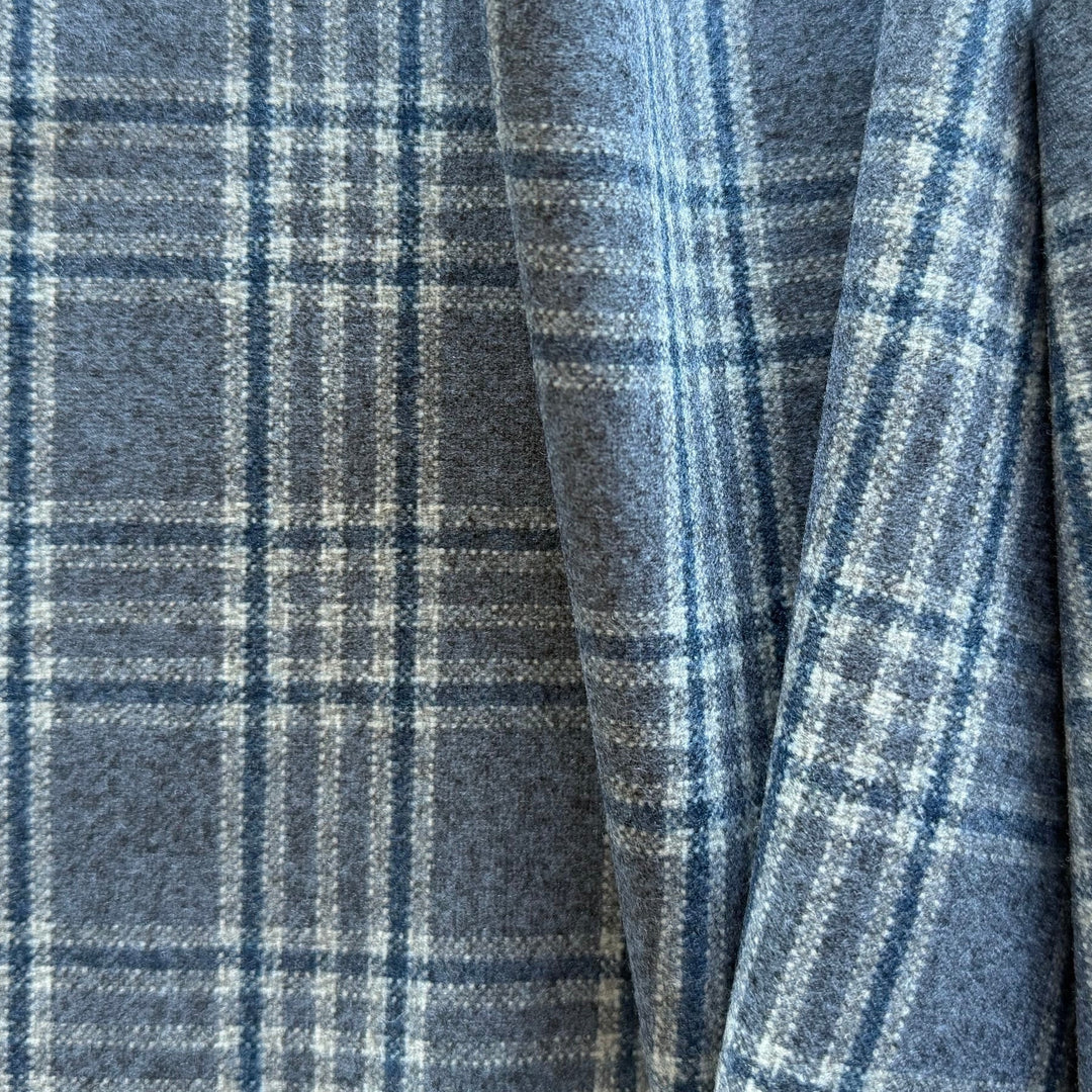 Soft Stone Blue Plaid Wool Flannel (Made in Italy)