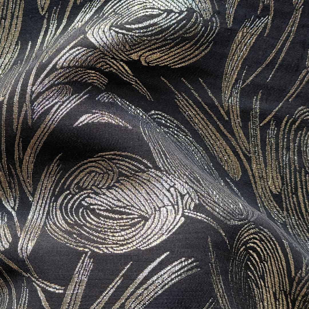 Lighter-Weight Exquisite Designer Silver Tulips on Black Silk Blend Brocade (Made in Italy)