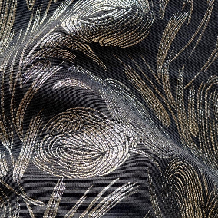 Lighter-Weight Exquisite Designer Silver Tulips on Black Silk Blend Brocade (Made in Italy)