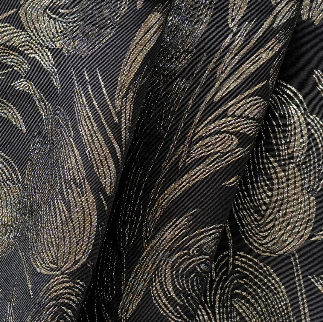 Lighter-Weight Exquisite Designer Silver Tulips on Black Silk Blend Brocade (Made in Italy)