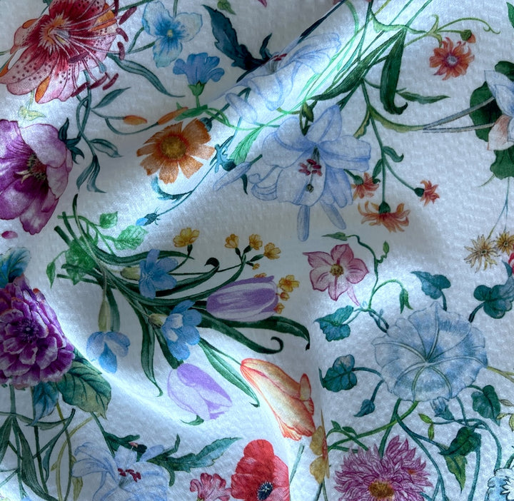 Mid-Weight Elegant Garden Fleurs on White Silk Satin Charmeuse Jacquard (Made in Italy)