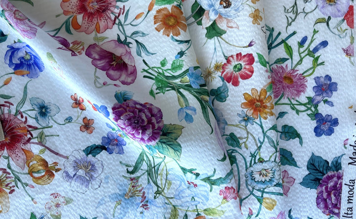 Mid-Weight Elegant Garden Fleurs on White Silk Satin Charmeuse Jacquard (Made in Italy)