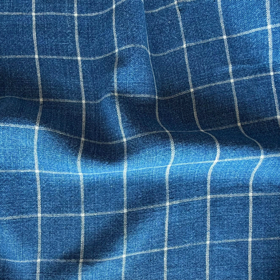 Heavier Mid-Weight Lapis Windowpane Check Rustic Linen (Made in India)