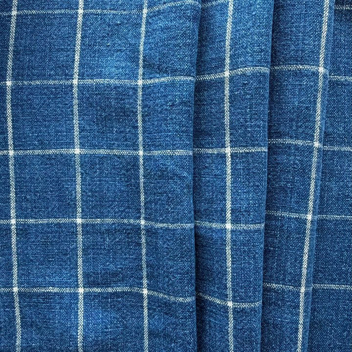 Heavier Mid-Weight Lapis Windowpane Check Rustic Linen (Made in India)