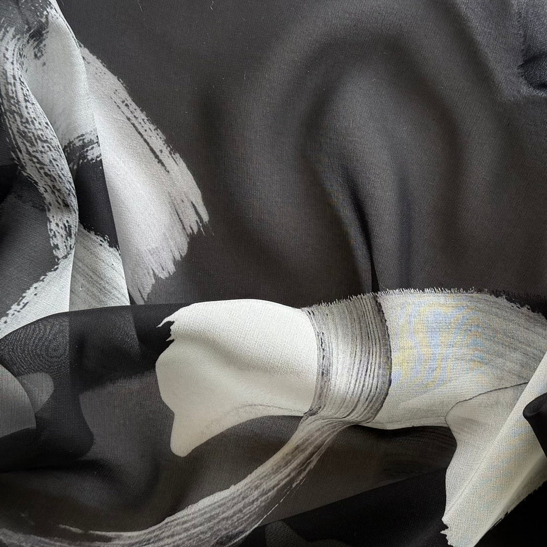 Sheer Expressionist Black & White Brushstrokes Chiffon (Made in Italy)