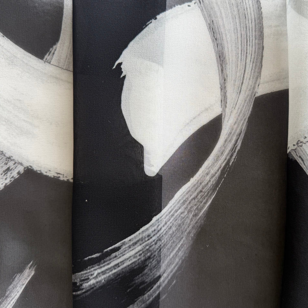 Sheer Expressionist Black & White Brushstrokes Chiffon (Made in Italy)