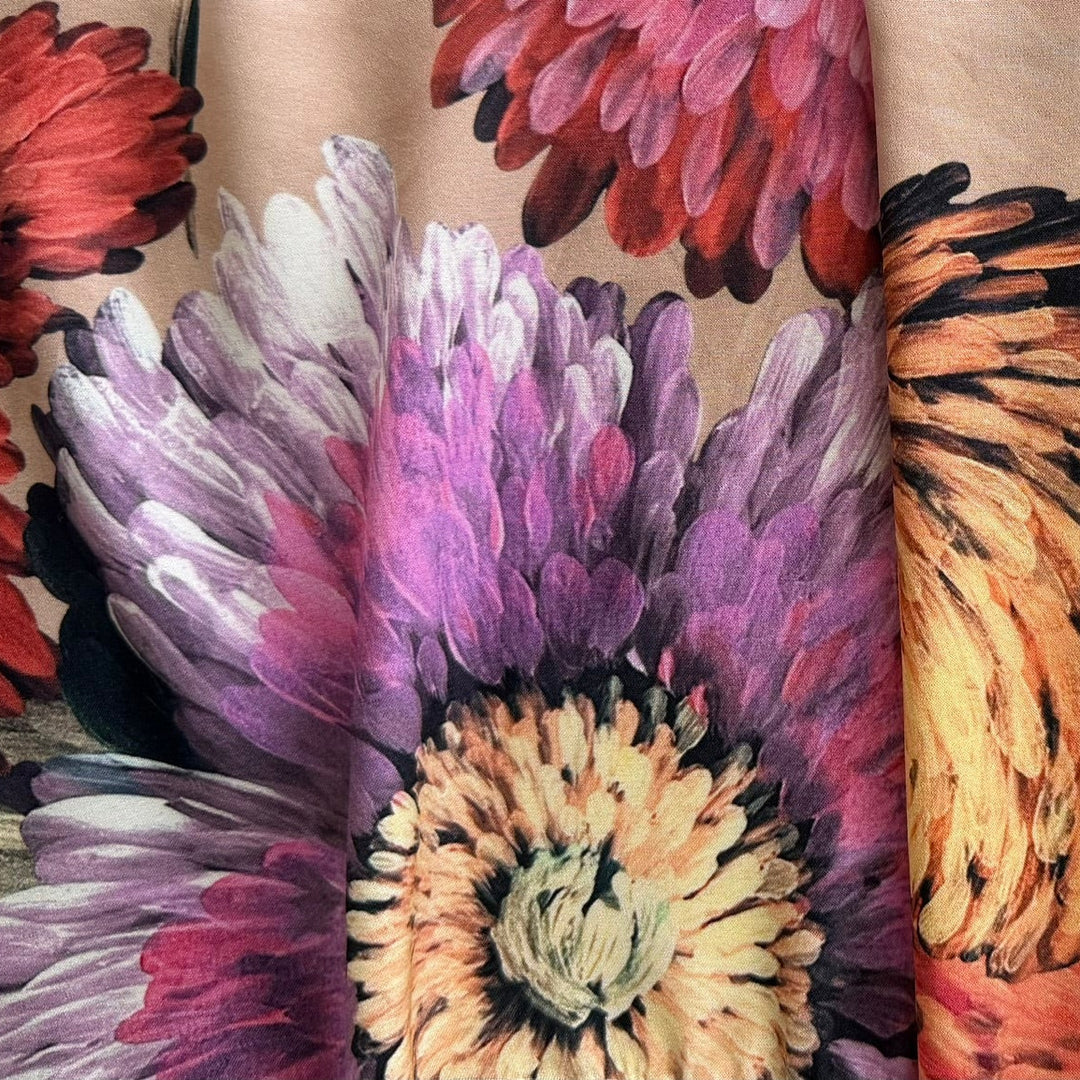 Lush Over-Blown Chrysanthemums Matte Stretch Silk Satin Charmeuse (Made in Italy)