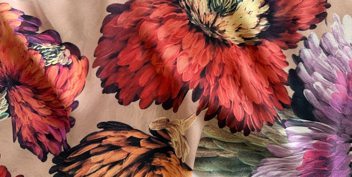 Lush Over-Blown Chrysanthemums Matte Stretch Silk Satin Charmeuse (Made in Italy)