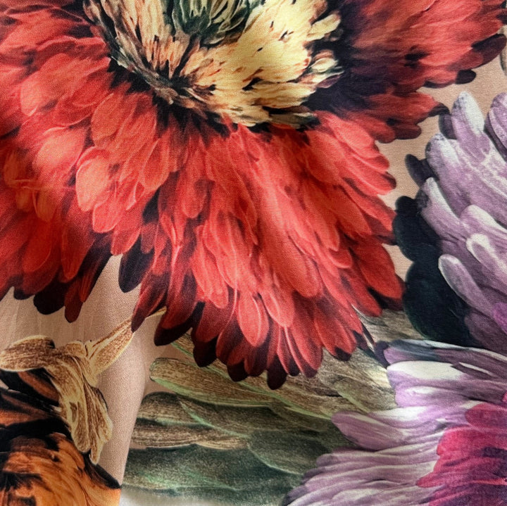 Lush Over-Blown Chrysanthemums Matte Stretch Silk Satin Charmeuse (Made in Italy)
