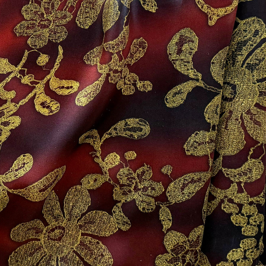 Elegant Gold Metallic Floral Mottled Mahogany Silk Satin Charmeuse (Made in Italy)