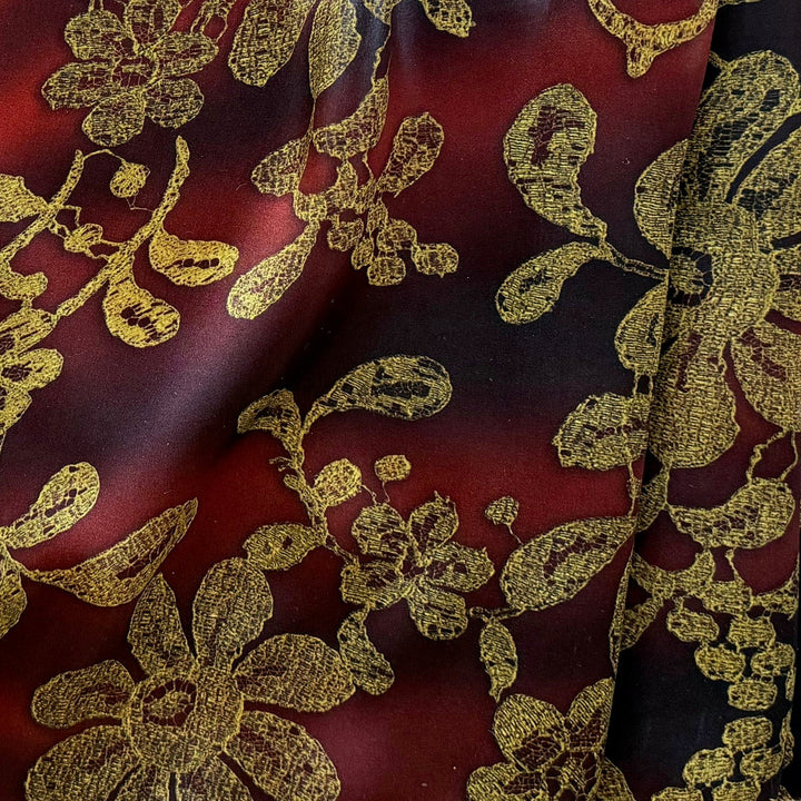 Elegant Gold Metallic Floral Mottled Mahogany Silk Satin Charmeuse (Made in Italy)