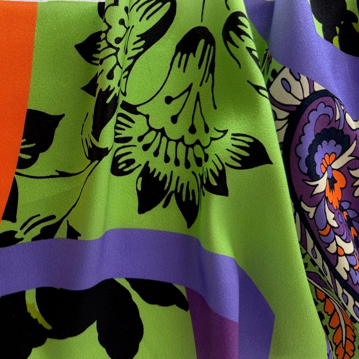 Vivacious Spring Green & French Violet Paisley Silk Satin Charmeuse (Made in Italy)