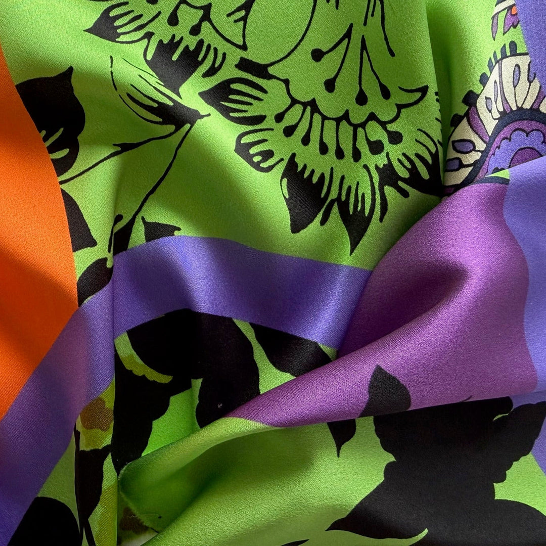 Vivacious Spring Green & French Violet Paisley Silk Satin Charmeuse (Made in Italy)