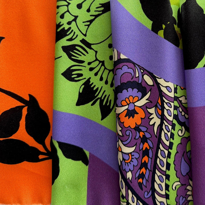 Vivacious Spring Green & French Violet Paisley Silk Satin Charmeuse (Made in Italy)
