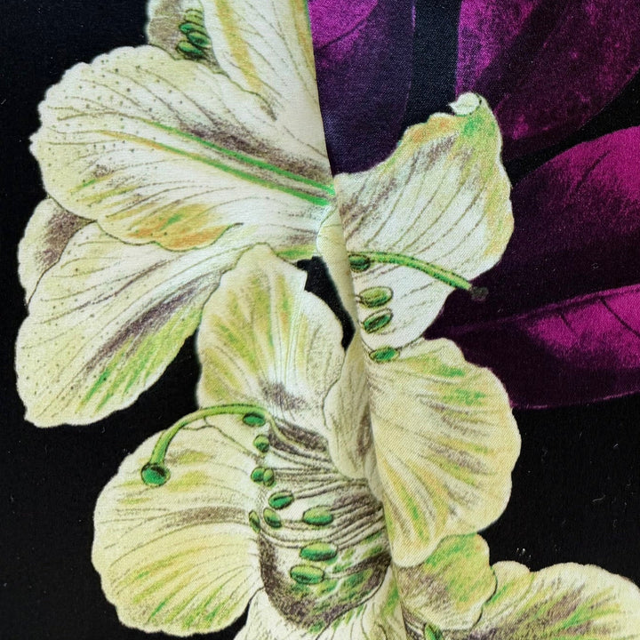 Dramatic Irises & Tiger Lilies Double-Bordered Silk Satin Charmeuse (Made in Italy)