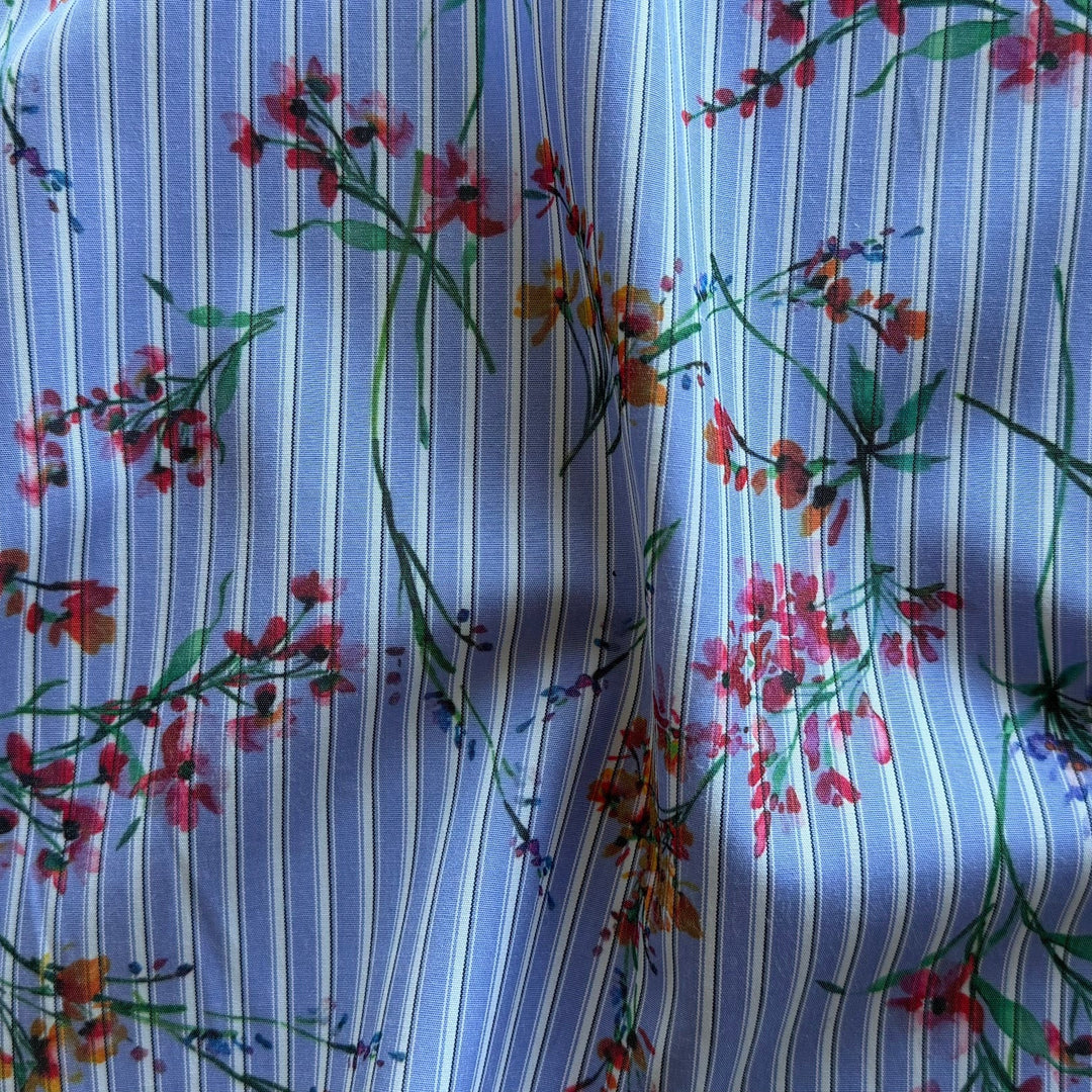 Wildflower Sprigs on Cornflower Blue Stripes Cotton Blend Lawn (Made in Italy)