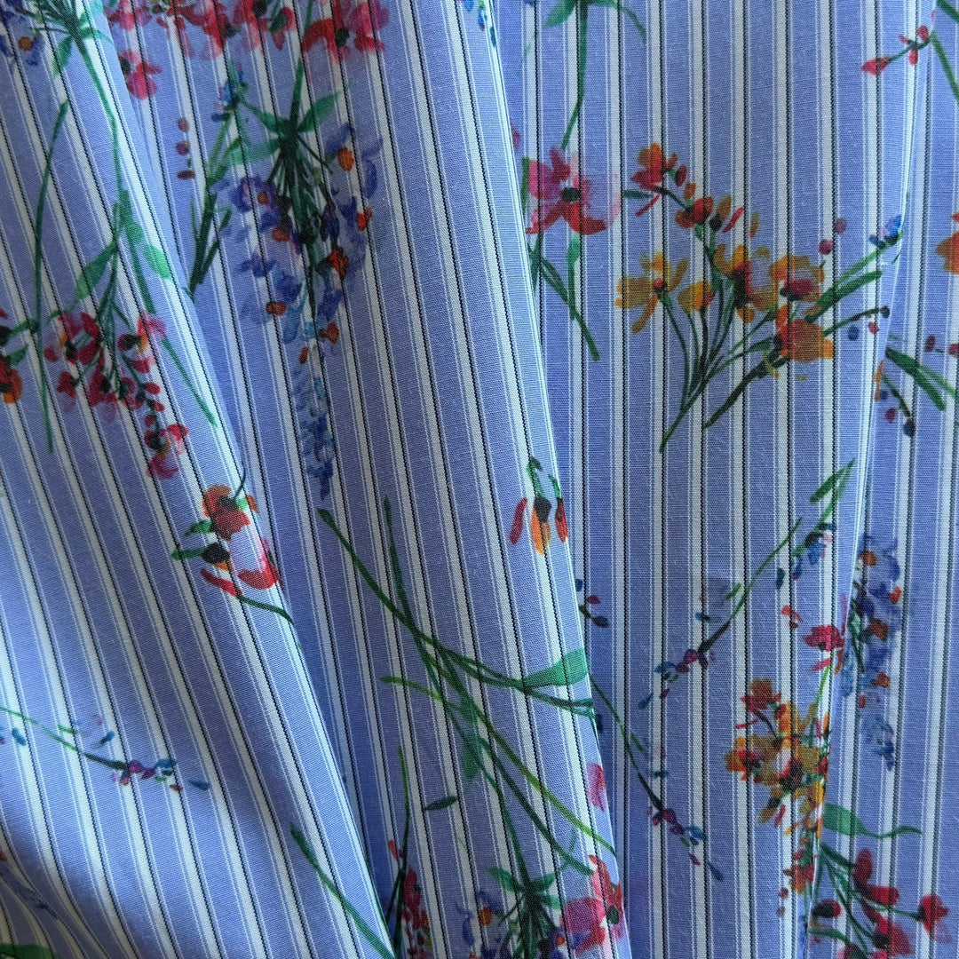 Wildflower Sprigs on Cornflower Blue Stripes Cotton Blend Lawn (Made in Italy)