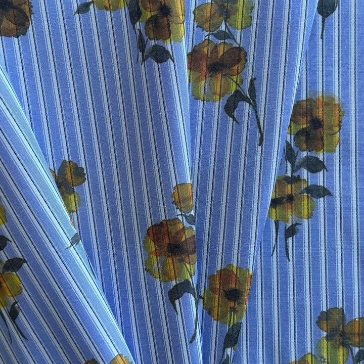 Golden Cosmos on Cornflower Blue Stripes Cotton Blend Lawn (Made in Italy)