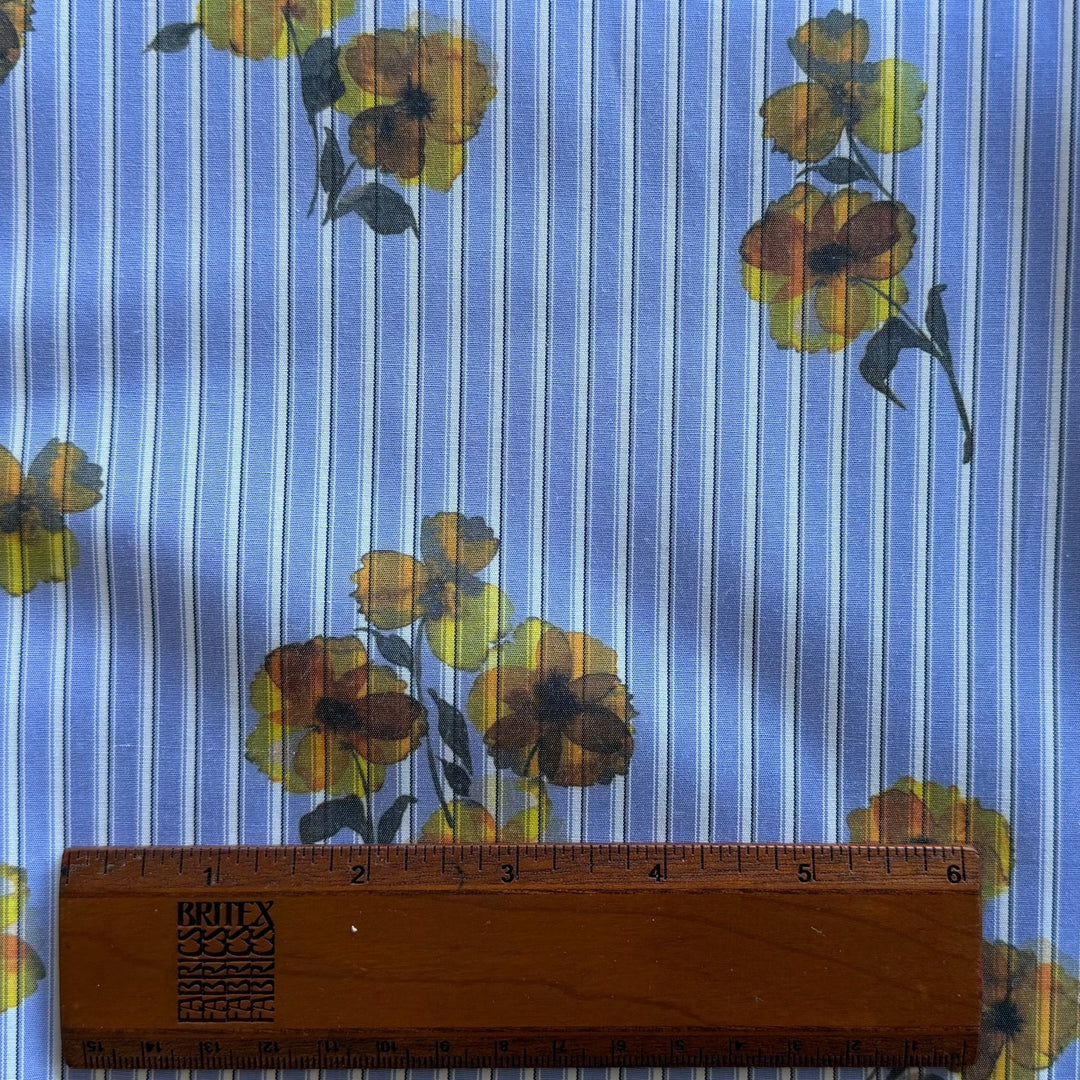 Golden Cosmos on Cornflower Blue Stripes Cotton Blend Lawn (Made in Italy)