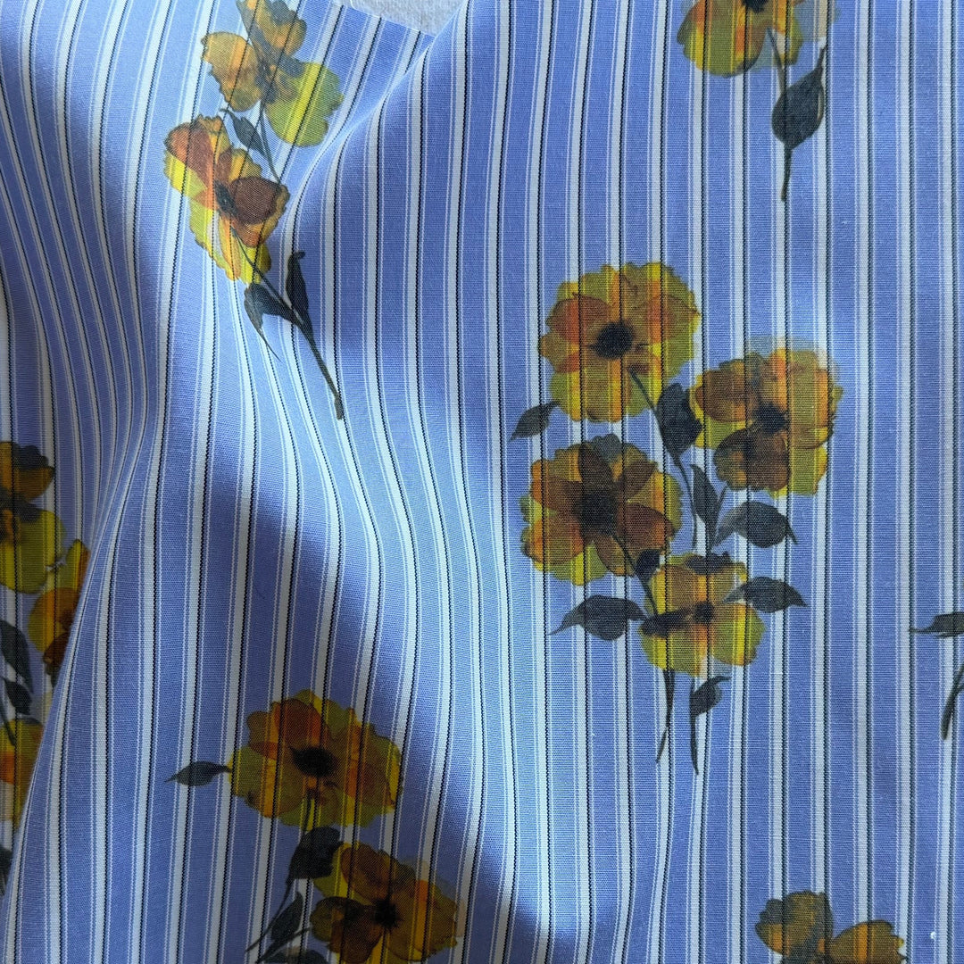 Golden Cosmos on Cornflower Blue Stripes Cotton Blend Lawn (Made in Italy)