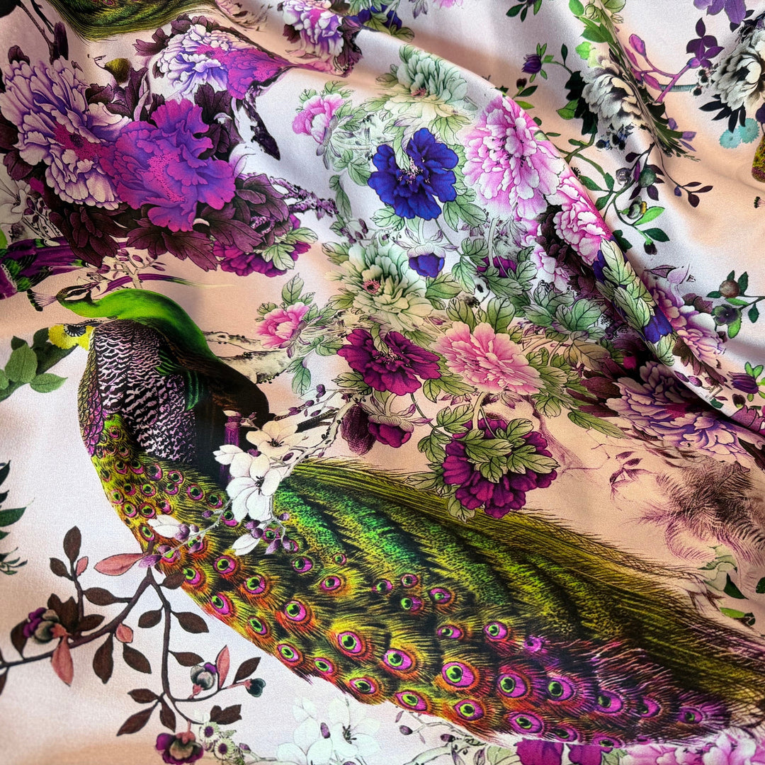 Spectacular Peacocks & Pomagranates Stretch Silk Satin Charmeuse (Made in Italy)