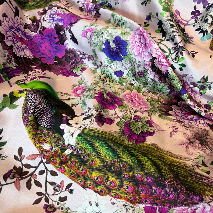 Spectacular Peacocks & Pomagranates Stretch Silk Satin Charmeuse (Made in Italy)