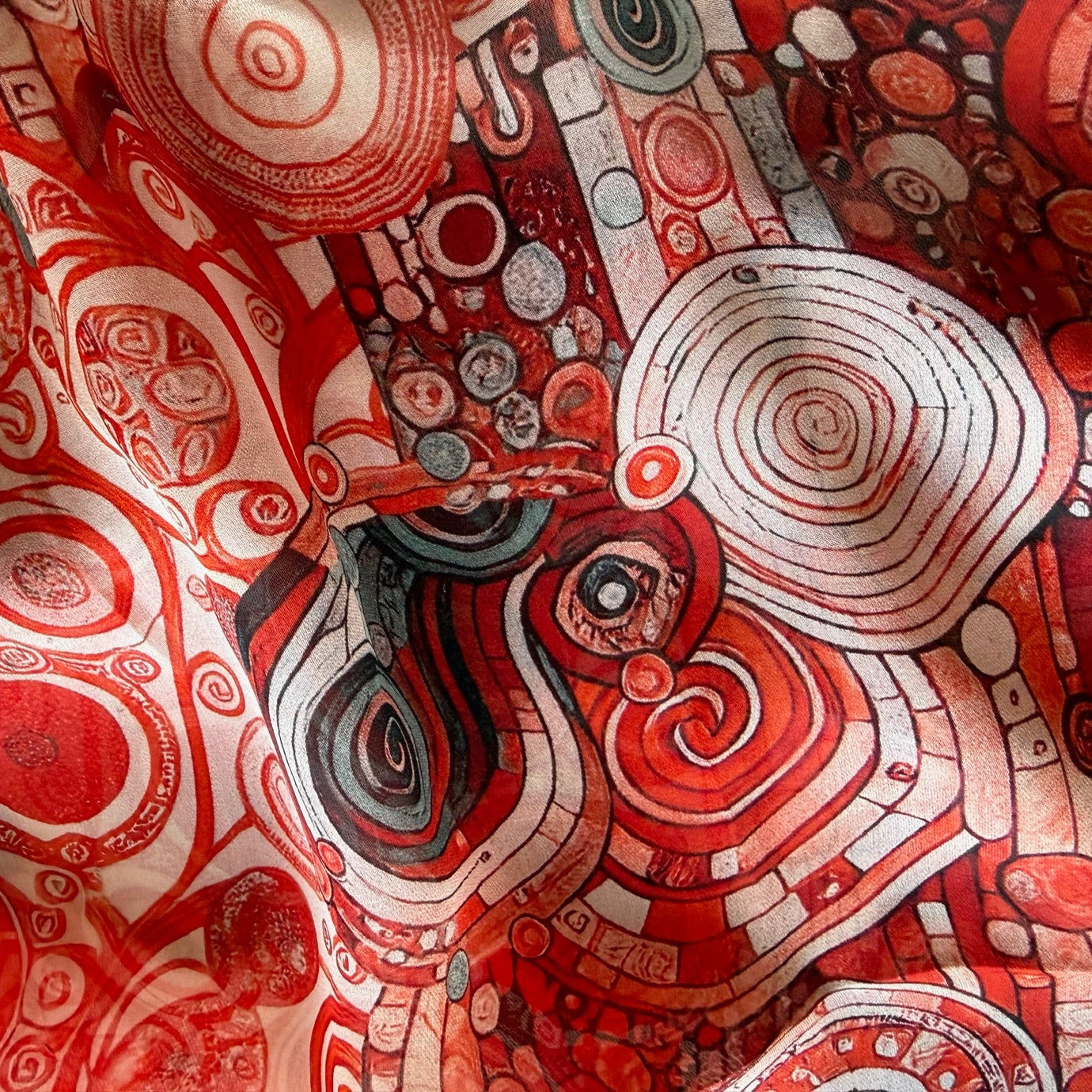 Hundertwasser-Inspired Vermilion Swirl Silk Chiffon (Made in Italy